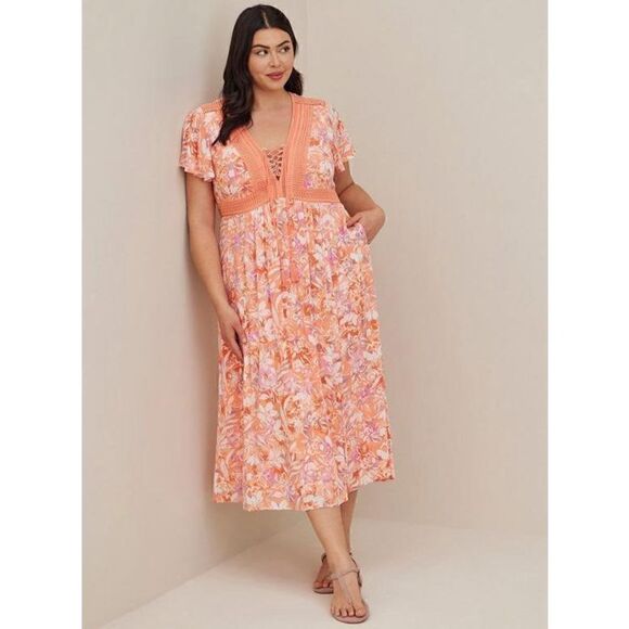 Torrid 1x Lace Up Tea Length Dress Crinkle Gauze Floral Coral dress flutter - Picture 1 of 7